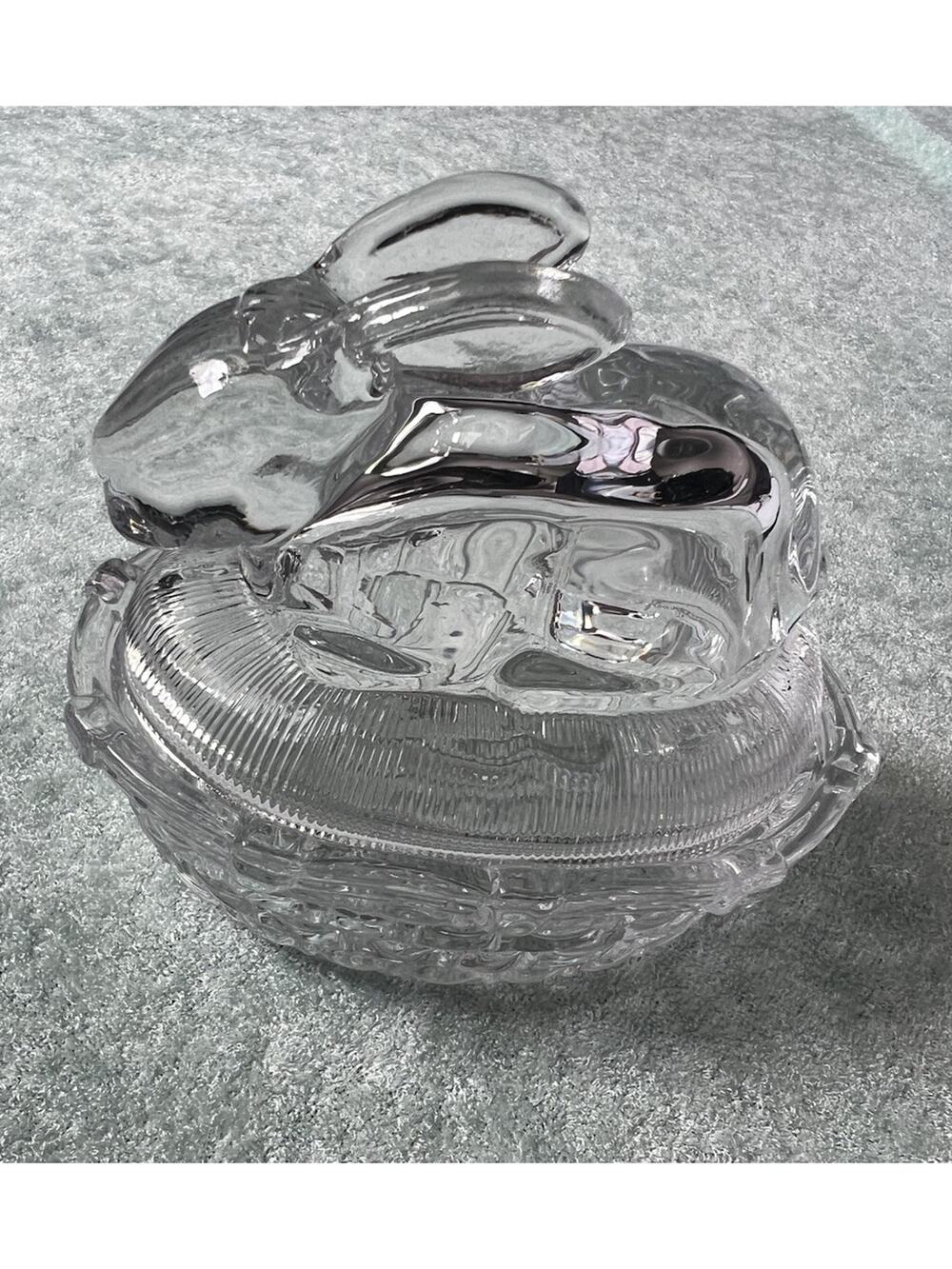 Vintage Clear Glass Bunny on Basket Weave Nest Easter Spring Trinket Dish